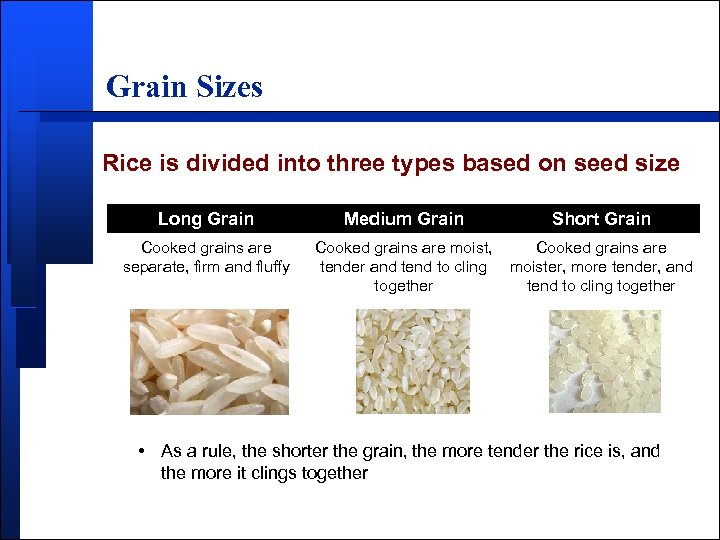 Grain Sizes Rice is divided into three types based on seed size Long Grain