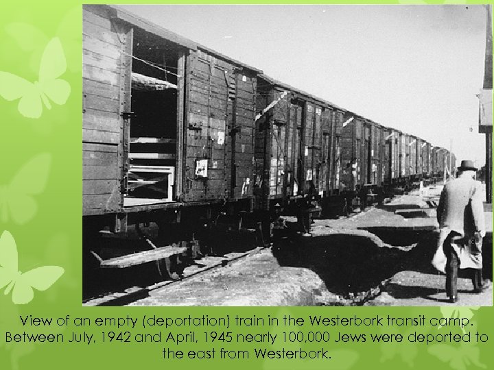 View of an empty (deportation) train in the Westerbork transit camp. Between July, 1942