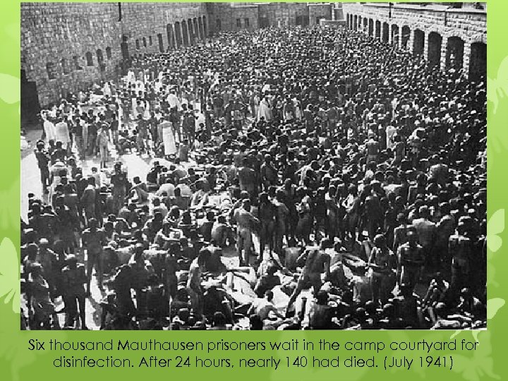 Six thousand Mauthausen prisoners wait in the camp courtyard for disinfection. After 24 hours,