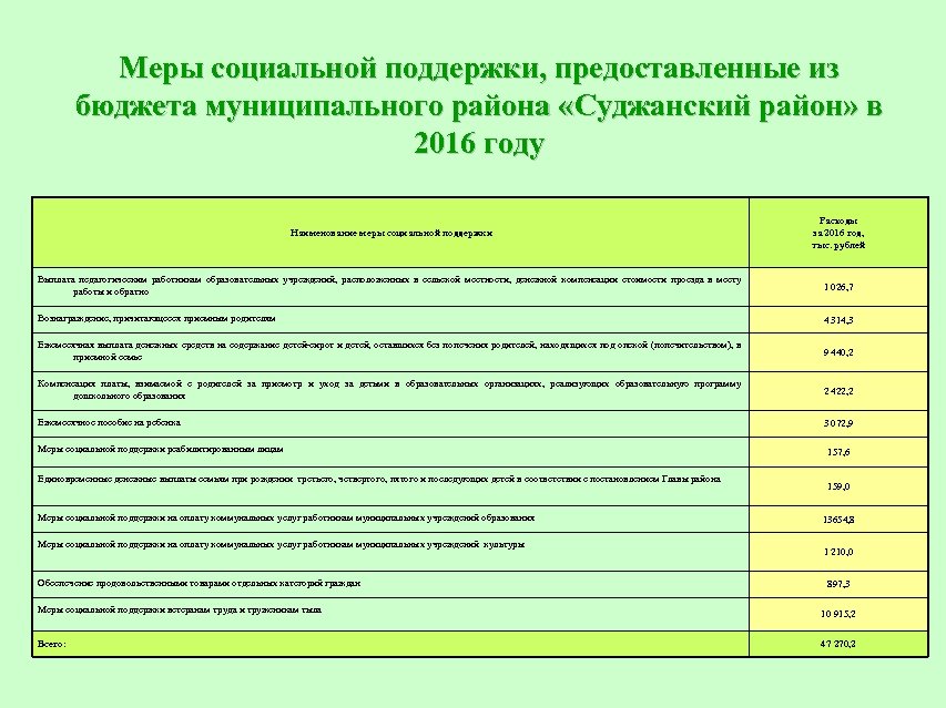 Меры социальной поддержки, предоставленные из бюджета муниципального района «Суджанский район» в 2016 году Наименование