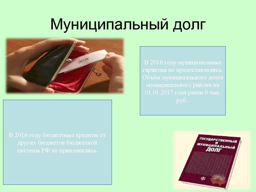 Муниципальный долг В 2016 году муниципальные гарантии не предоставлялись. Объём муниципального долга муниципального района