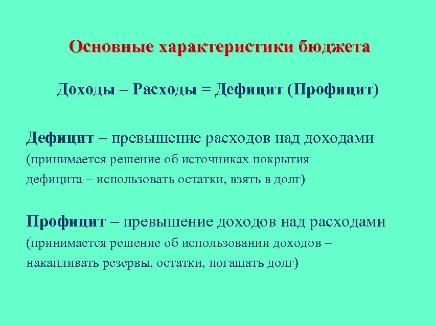 Основные характеристики бюджета Доходы – Расходы = Дефицит (Профицит) Дефицит – превышение расходов над