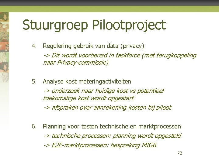 Stuurgroep Pilootproject 4. Regulering gebruik van data (privacy) -> Dit wordt voorbereid in taskforce