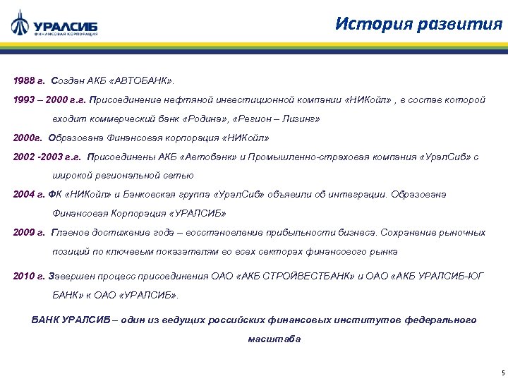 История развития 1988 г. Создан АКБ «АВТОБАНК» . 1993 – 2000 г. г. Присоединение