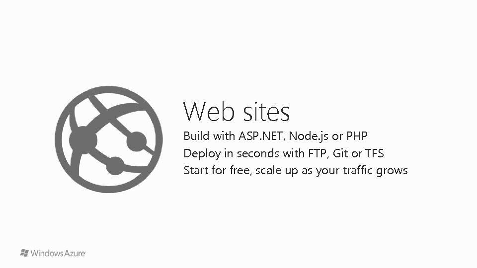 Web sites Build with ASP. NET, Node. js or PHP Deploy in seconds with