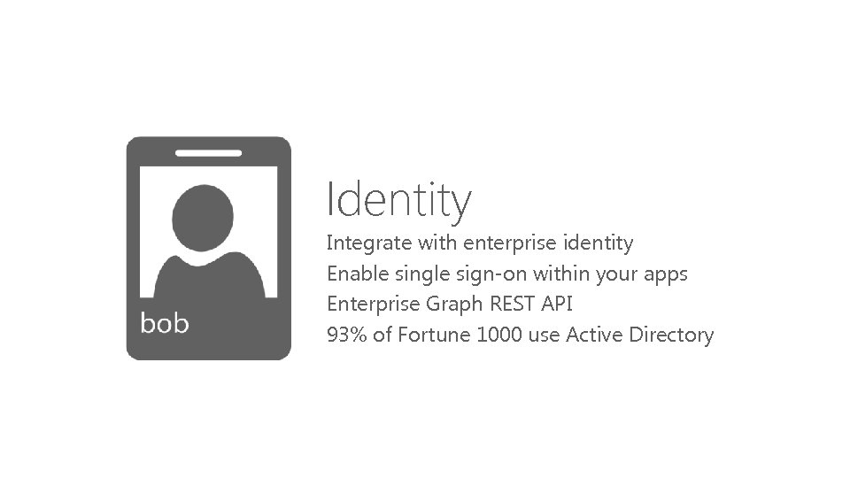 Identity Integrate with enterprise identity Enable single sign-on within your apps Enterprise Graph REST