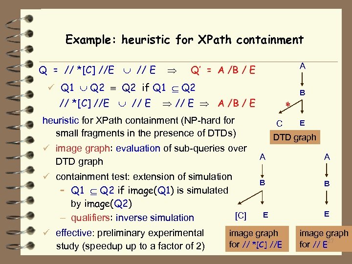 Example: heuristic for XPath containment Q = // *[C] //E // E A Q’