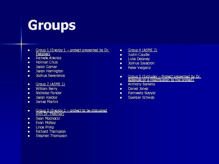Groups n n n n n Group 1 (Energy 1 – project presented by