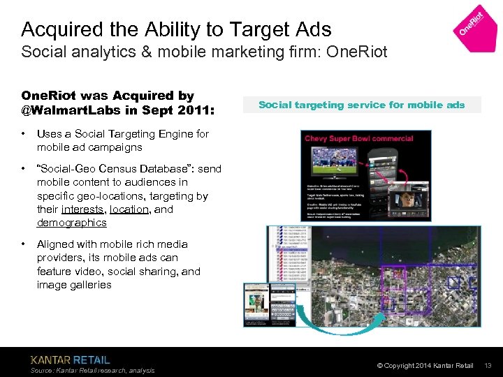 Acquired the Ability to Target Ads Social analytics & mobile marketing firm: One. Riot