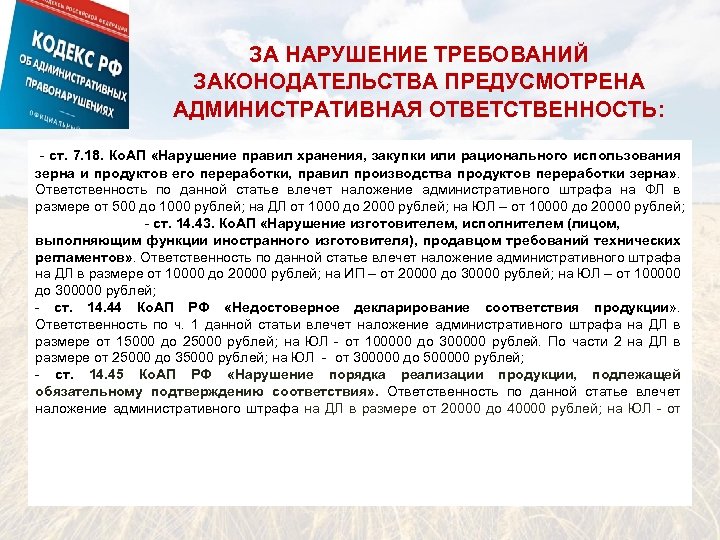 ЗА НАРУШЕНИЕ ТРЕБОВАНИЙ ЗАКОНОДАТЕЛЬСТВА ПРЕДУСМОТРЕНА АДМИНИСТРАТИВНАЯ ОТВЕТСТВЕННОСТЬ: - ст. 7. 18. Ко. АП «Нарушение