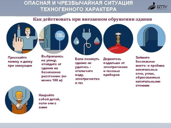 ОПАСНАЯ И ЧРЕЗВЫЧАЙНАЯ СИТУАЦИЯ ТЕХНОГЕННОГО ХАРАКТЕРА Как действовать при внезапном обрушении здания Пресекайте панику