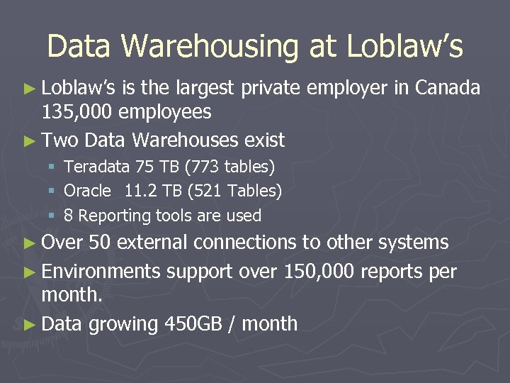 Data Warehousing at Loblaw’s ► Loblaw’s is the largest private employer in Canada 135,