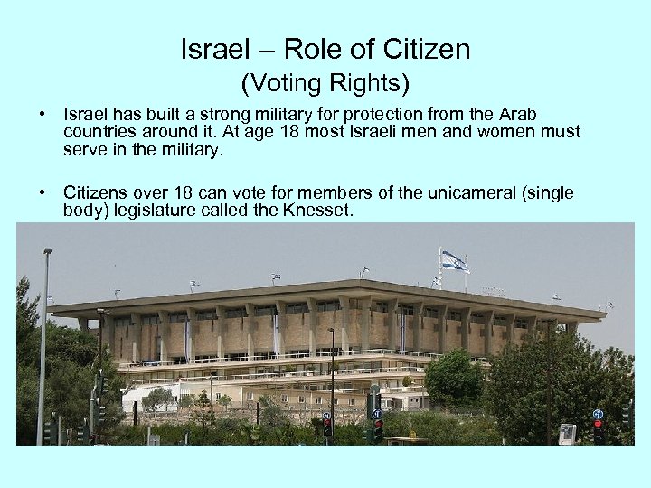 Israel – Role of Citizen (Voting Rights) • Israel has built a strong military