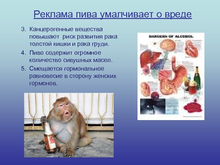 Реклама пива умалчивает о вреде 3. Канцерогенные вещества повышают риск развития рака толстой кишки