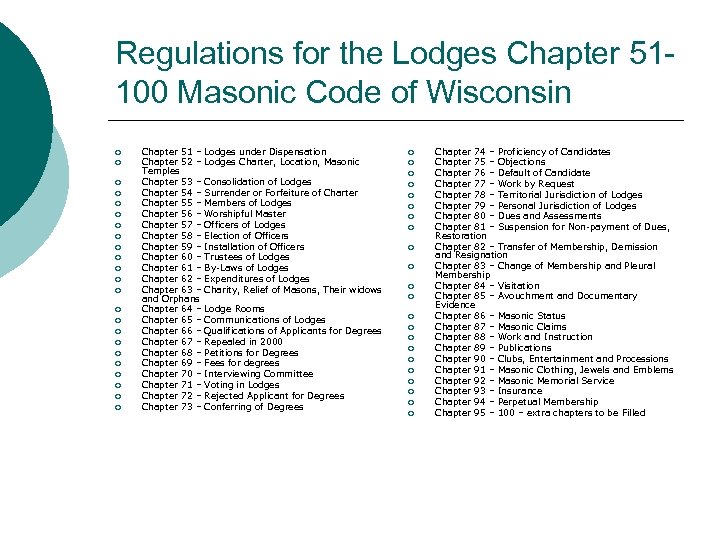 Regulations for the Lodges Chapter 51100 Masonic Code of Wisconsin ¡ ¡ ¡ ¡