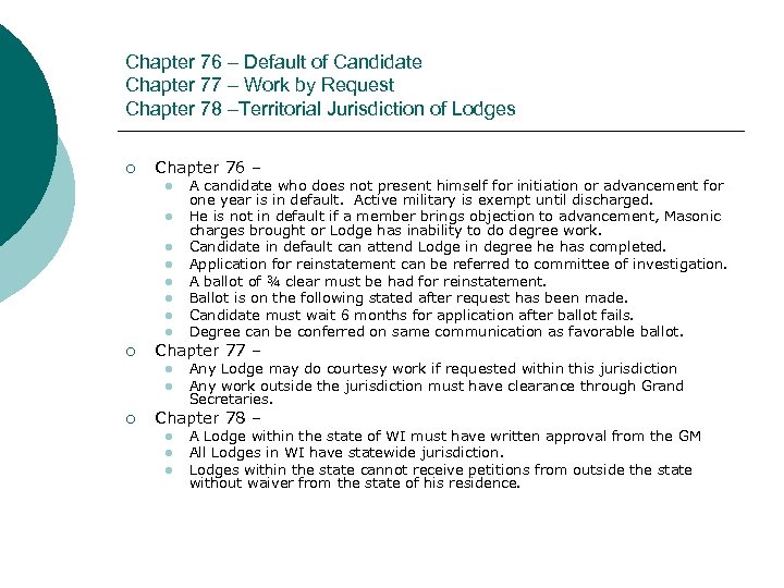 Chapter 76 – Default of Candidate Chapter 77 – Work by Request Chapter 78