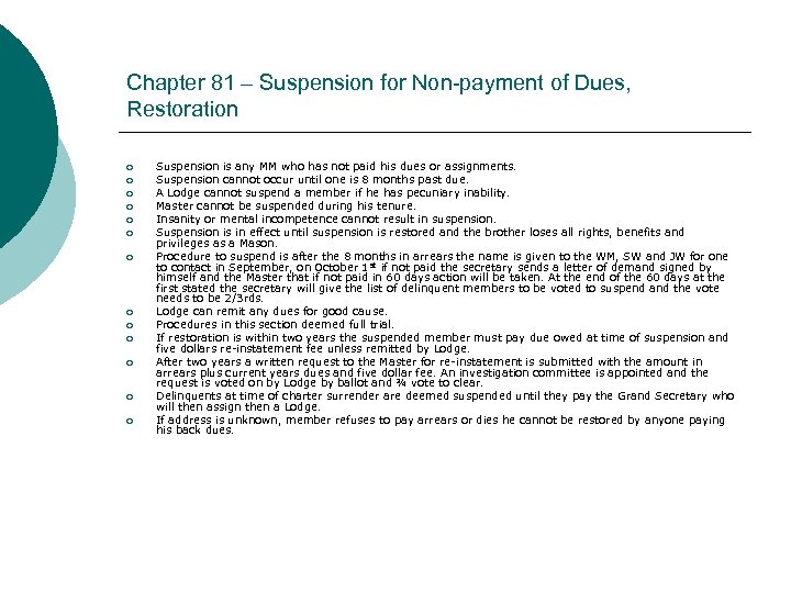Chapter 81 – Suspension for Non-payment of Dues, Restoration ¡ ¡ ¡ ¡ Suspension