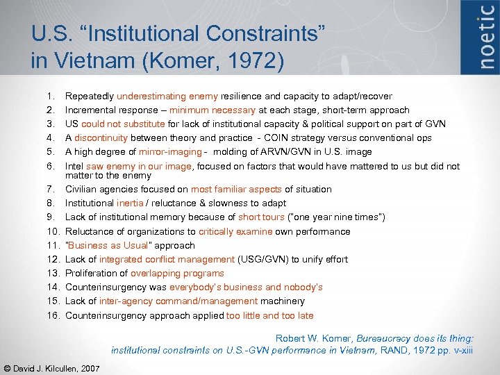 U. S. “Institutional Constraints” in Vietnam (Komer, 1972) 1. 2. 3. 4. 5. 6.