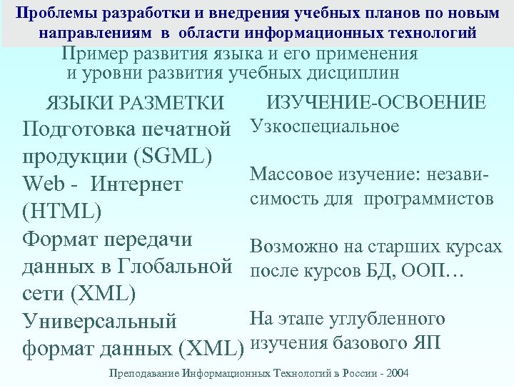 Проблемы разработки и внедрения учебных планов по новым направлениям в области информационных технологий Пример