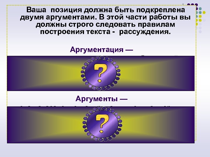 Ваша позиция. Подкрепить свои позиции. Подкреплена доводами.