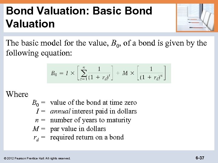 Bond Valuation: Basic Bond Valuation The basic model for the value, B 0, of