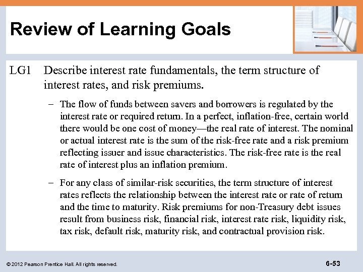 Review of Learning Goals LG 1 Describe interest rate fundamentals, the term structure of
