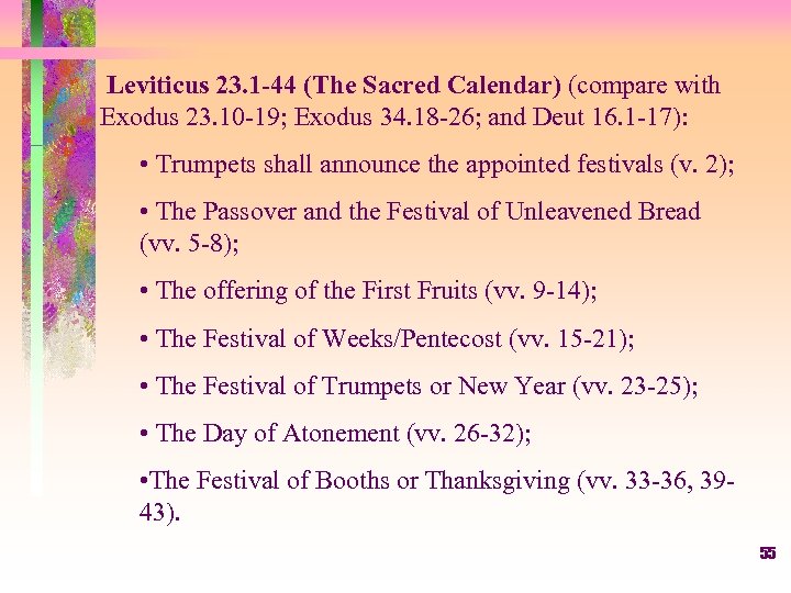 Leviticus 23. 1 -44 (The Sacred Calendar) (compare with Exodus 23. 10 -19; Exodus