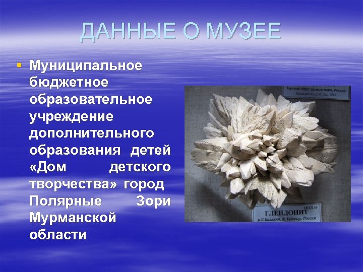 ДАННЫЕ О МУЗЕЕ § Муниципальное бюджетное образовательное учреждение дополнительного образования детей «Дом детского творчества»