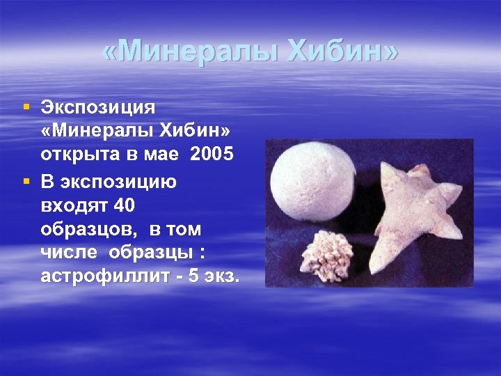  «Минералы Хибин» § Экспозиция «Минералы Хибин» открыта в мае 2005 § В экспозицию
