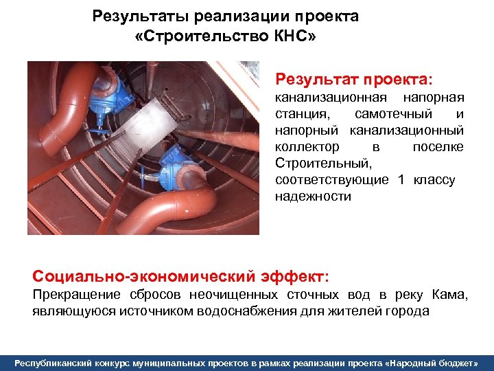 Результаты реализации проекта «Строительство КНС» Результат проекта: канализационная напорная станция, самотечный и напорный канализационный