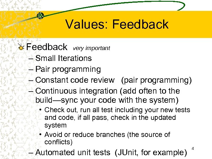 Values: Feedback very important – Small Iterations – Pair programming – Constant code review