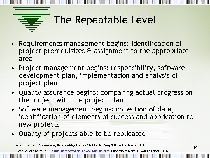 The Repeatable Level • Requirements management begins: identification of project prerequisites & assignment to