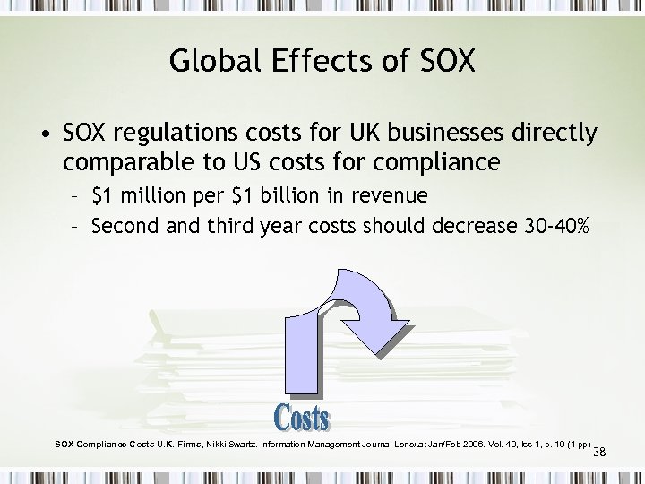 Global Effects of SOX • SOX regulations costs for UK businesses directly comparable to
