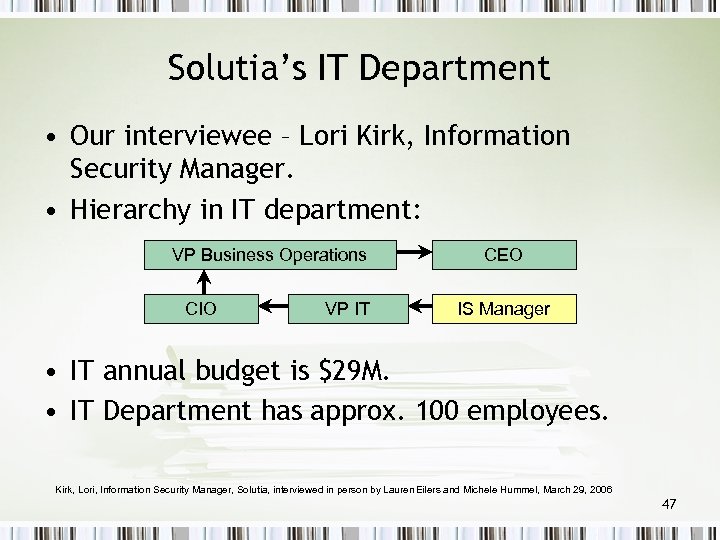 Solutia’s IT Department • Our interviewee – Lori Kirk, Information Security Manager. • Hierarchy