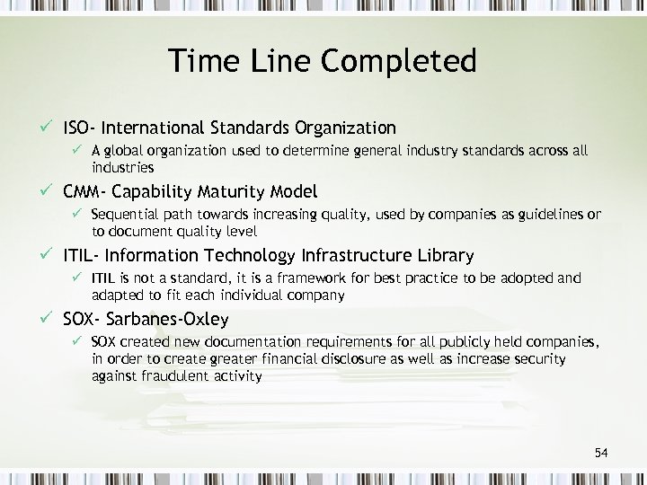 Time Line Completed ü ISO- International Standards Organization ü A global organization used to