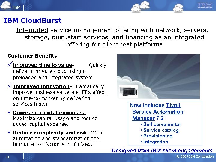 IBM Cloud. Burst Integrated service management offering with network, servers, storage, quickstart services, and