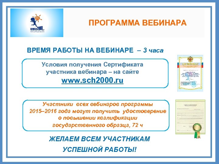 ПРОГРАММА ВЕБИНАРА ВРЕМЯ РАБОТЫ НА ВЕБИНАРЕ – 3 часа Условия получения Сертификата участника вебинара
