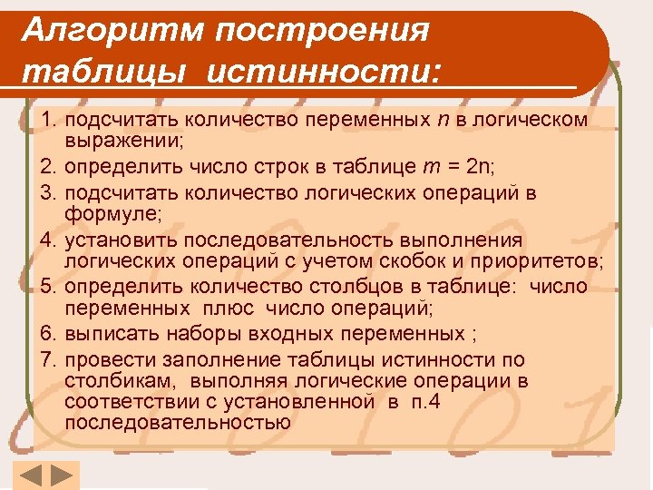 Алгоритм построения таблицы истинности: 1. подсчитать количество переменных n в логическом выражении; 2. определить