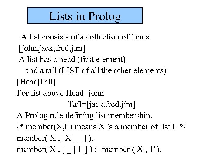 Lists in Prolog A list consists of a collection of items. [john, jack, fred,
