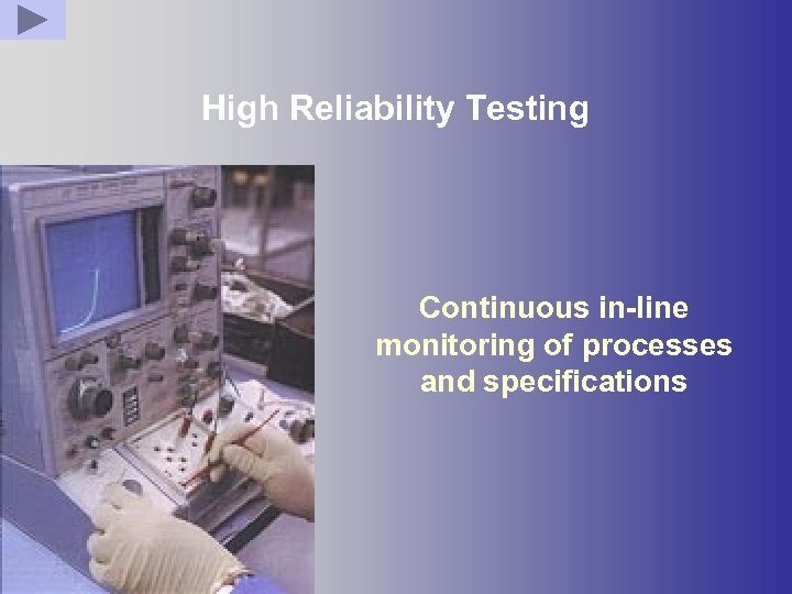 High Reliability Testing Continuous in-line monitoring of processes and specifications 