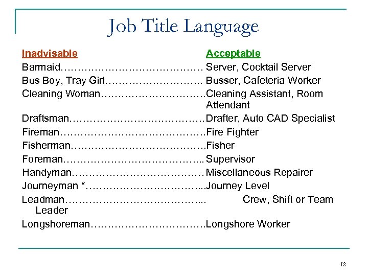 Job Title Language Inadvisable Acceptable Barmaid………………… Server, Cocktail Server Bus Boy, Tray Girl……………. .