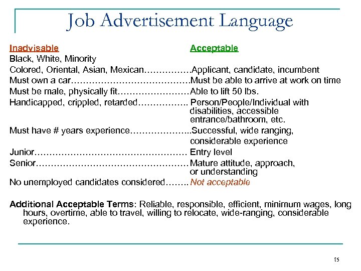 Job Advertisement Language Inadvisable Acceptable Black, White, Minority Colored, Oriental, Asian, Mexican……………. Applicant, candidate,