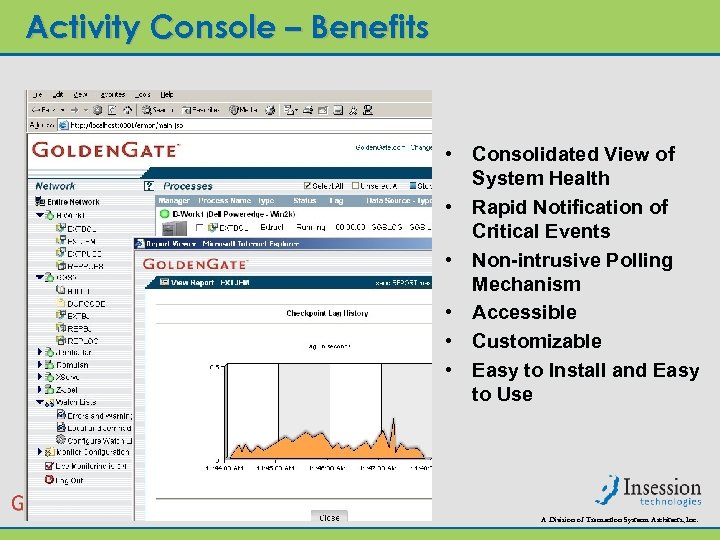 Activity Console – Benefits • Consolidated View of System Health • Rapid Notification of