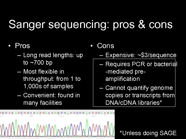 Sanger sequencing: pros & cons • Pros – Long read lengths: up to ~700