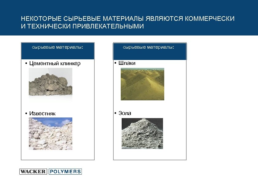 НЕКОТОРЫЕ СЫРЬЕВЫЕ МАТЕРИАЛЫ ЯВЛЯЮТСЯ КОММЕРЧЕСКИ И ТЕХНИЧЕСКИ ПРИВЛЕКАТЕЛЬНЫМИ сырьевые материалы: • Цементный клинкер •