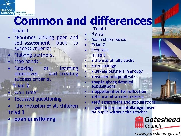 Common and differences Triad 1 • *Routines linking peer and self-assessment back to success