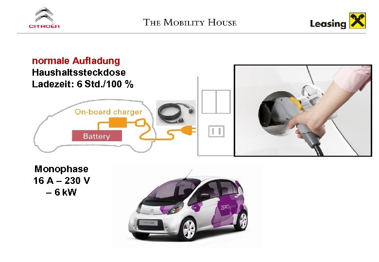 normale Aufladung Haushaltssteckdose Ladezeit: 6 Std. /100 % Monophase 16 A – 230 V