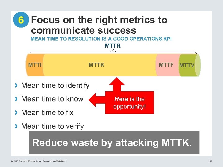 6 Focus on the right metrics to communicate success MEAN TIME TO RESOLUTION IS