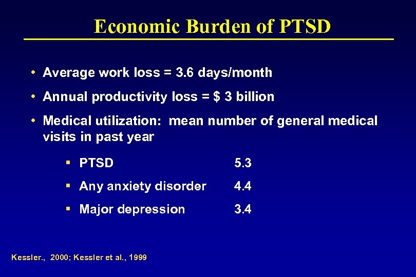 Economic Burden of PTSD • Average work loss = 3. 6 days/month • Annual