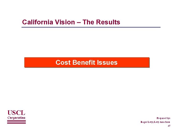 California Vision – The Results Cost Benefit Issues USCL Corporation Prepared by: Roger Levy;